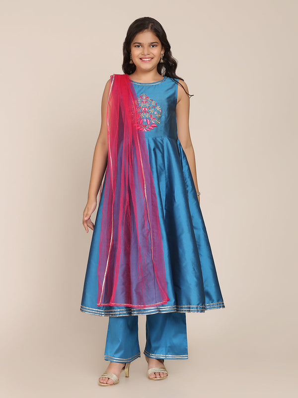 Girl's Blue Anarkali With Pant With Dupatta - Bitiya By Bhama