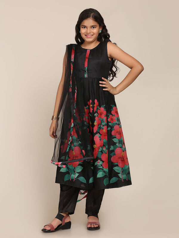 Girl's Black Digital Print Anarkali With Pant With Dupatta - Bitiya By Bhama