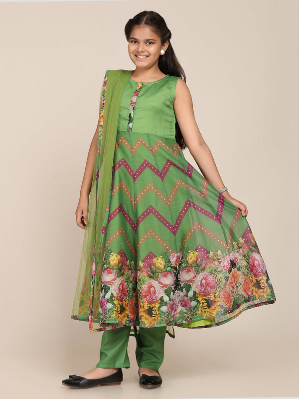 Jashvi Green Digital Print Anarkali With Pant With Dupatta