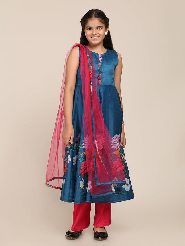 Jashvi Blue Digital Print Anarkali With Pant With Dupatta