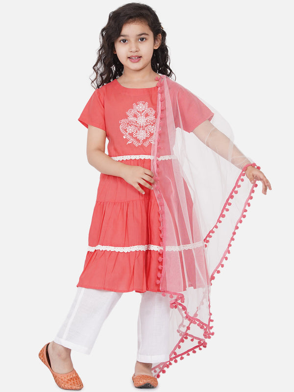 Girl's Peach Kurta And Trouser With Dupatta - Bitiya By Bhama