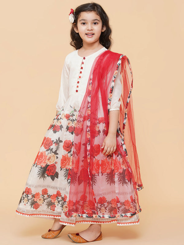 Girl's  Beige Floral Printed Anarkali Kurti With Dupatta - Bitiya By Bhama