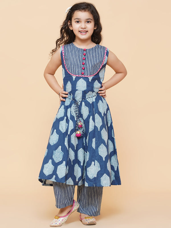 Girl's Indigo Blue Printed Kurta With  Trouser  - Bitiya By Bhama