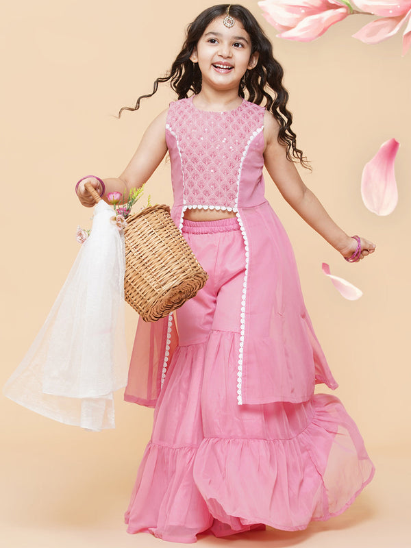 Jashvi Pink Self Design Poly Georgette Straight Kurta With Sharara