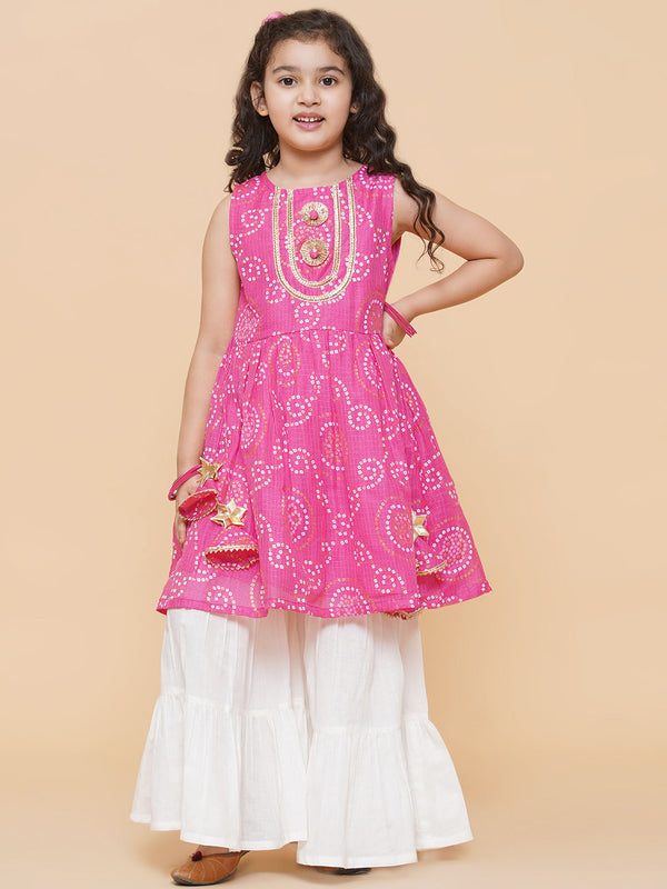 Jashvi Pink Bhandhej Printed Kurta With Sharara