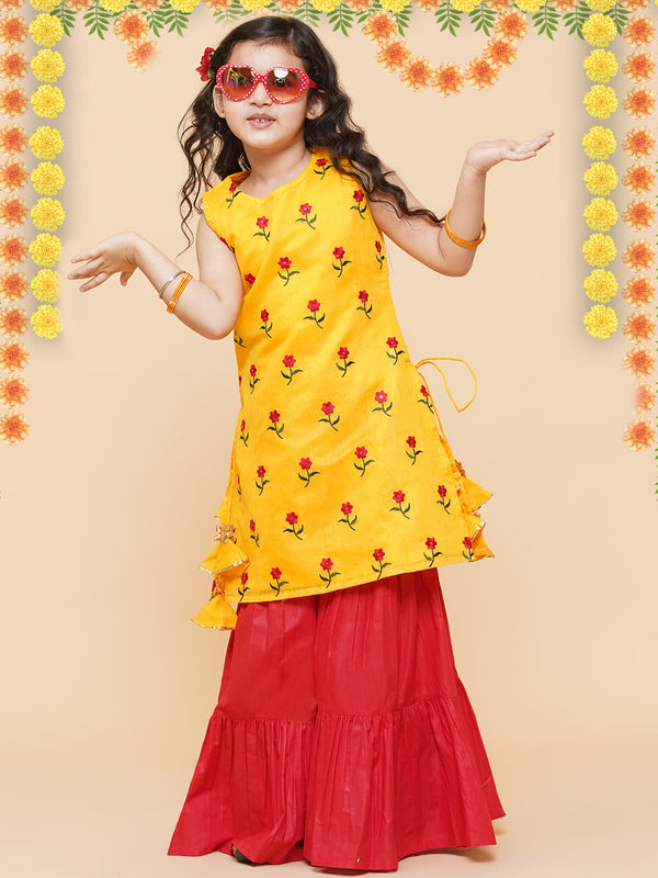 Jashvi Girls Yellow Embroidered Kurta With Sharara