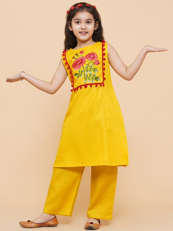 Girl's Mustard Yellow Floral Embroidered  Kurta With Palazzo - Bitiya By Bhama