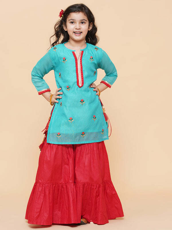 Jashvi Girls Sea Green Embroidered Kurti With Sharara