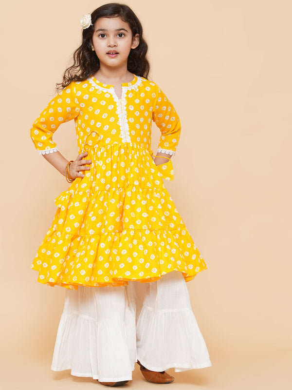 Jashvi Yellow Bhandhej Printed Kurta And Sharara