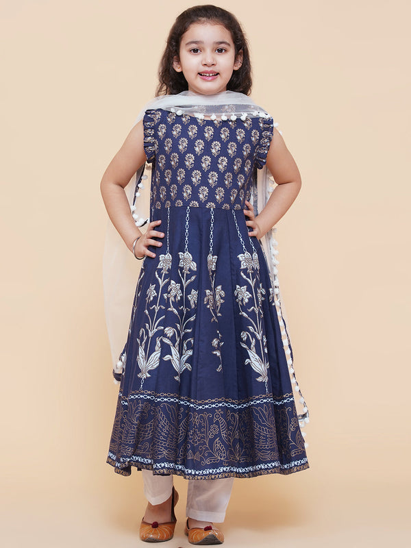 Jashvi Girls Blue Foil Printed Kurta With Trouser & With Duppta