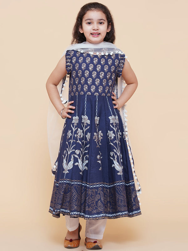 Girl's Blue Foil Printed Kurta With Trouser & With Duppta  - Bitiya By Bhama