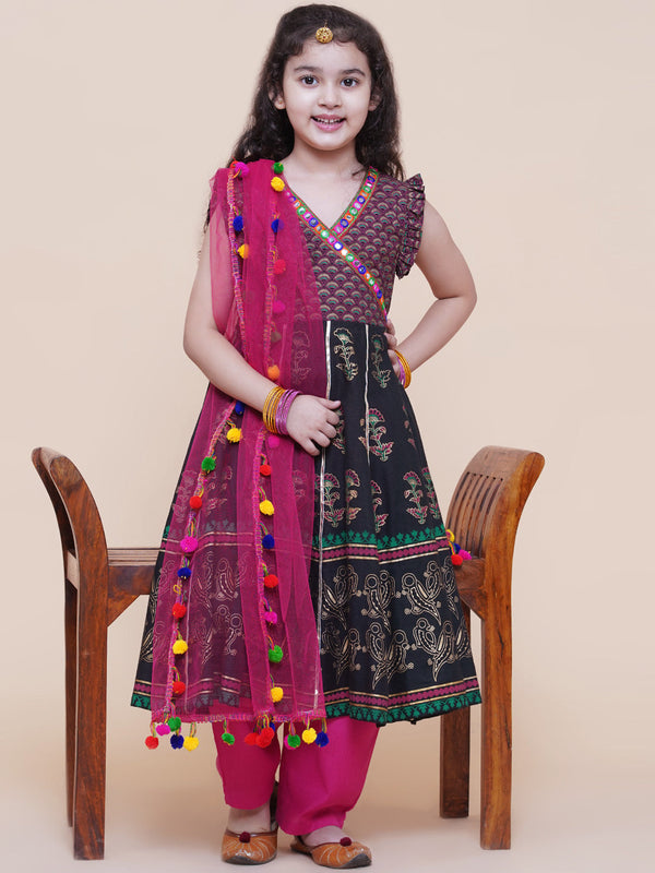 Girl's Black Foil Printed Kurta With Trouser & With Duppta  - Bitiya By Bhama