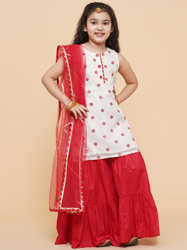 Jashvi Girls Off White Embroidered Kurta With Sharara With Dupatta