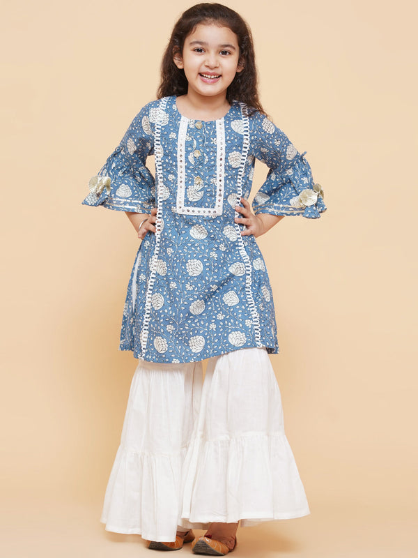 Jashvi Girls Blue Coloured Printed Kurta With Sharara