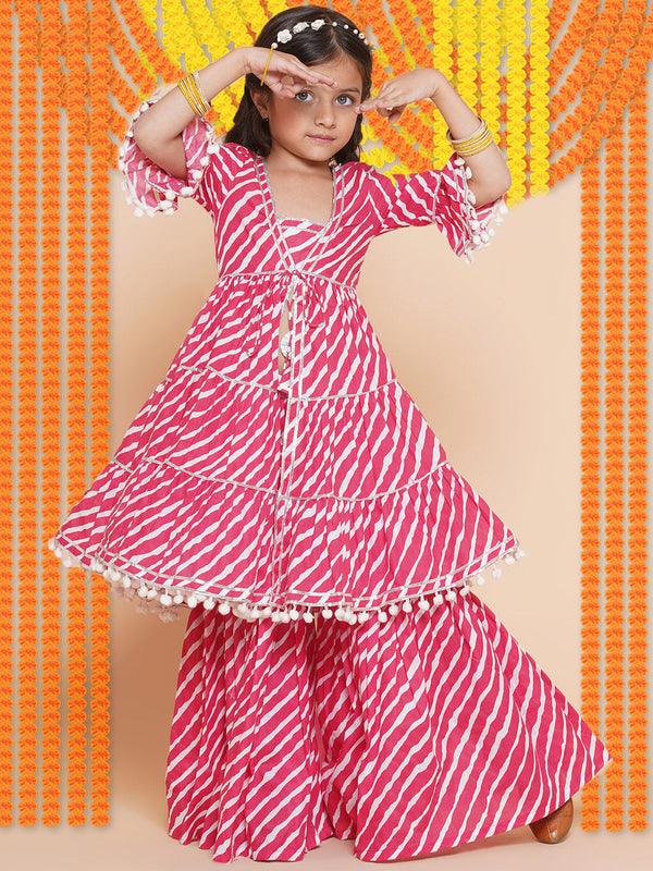 Jashvi Girls Pink Leheriya Printed With Gotta Patti Lace Kurta With Sharara