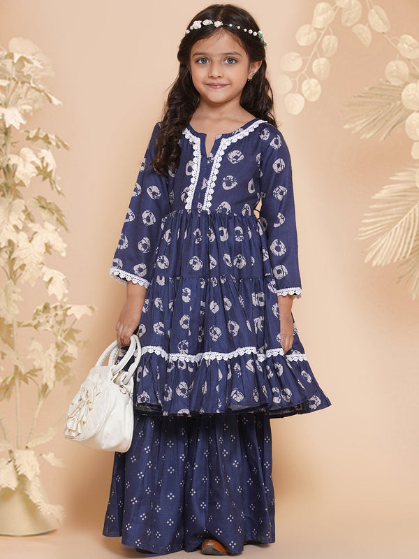 Jashvi Girls Navy Bandhani Printed With Cotton Lace Kurta With Sharara