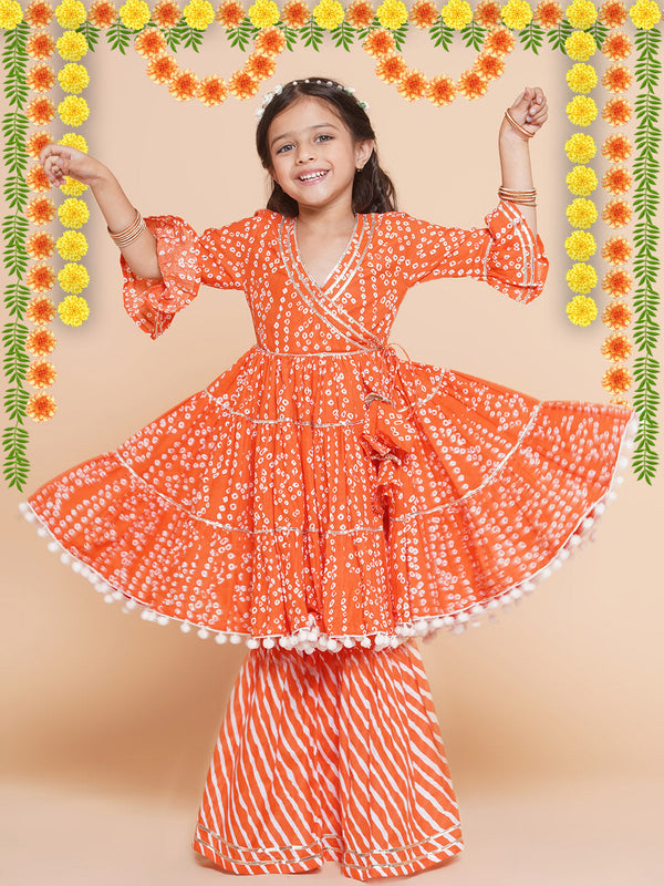 Jashvi Girls Orange Bandhani Printed With Gotta Patti Lace Kurta With Sharara