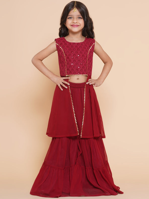 Jashvi Girls Burgandy Self Design Poly Georgette Straight Kurta With Sharara