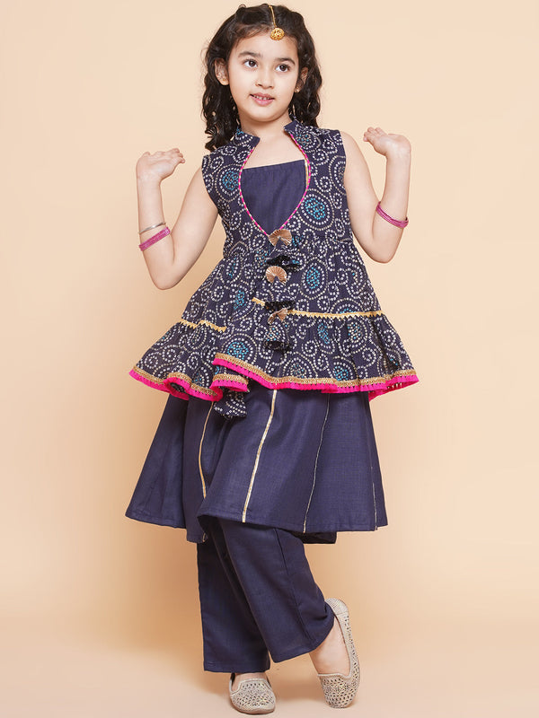 Jashvi Girls Navy Blue Kurta Set With Shrug