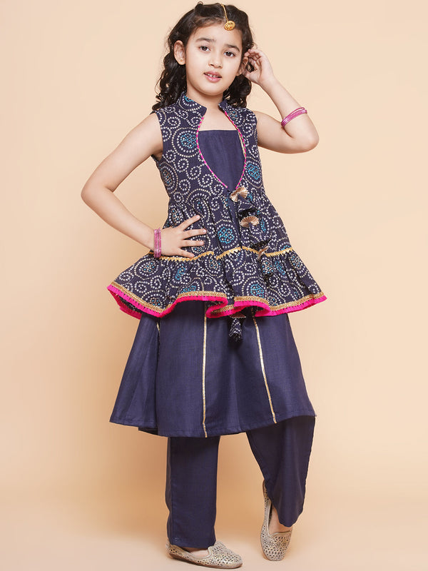 Girl's  Navy Blue Kurta Set  With Shrug - Bitiya By Bhama