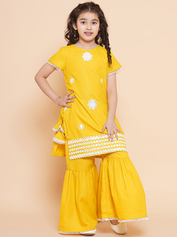 Jashvi Girls Yellow Thread Work Embroidered Kurta With Sharara