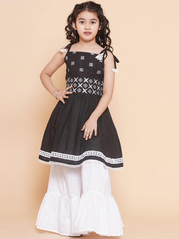 Jashvi Girls Black Ethnic Motifs Embroidered Kurta With White Sharara