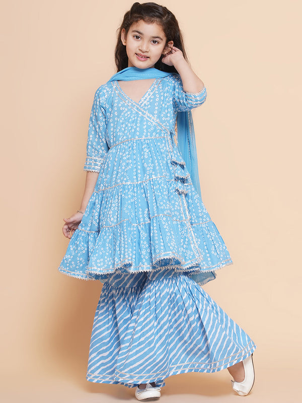 Jashvi Girls blue Bandhani  Printed Angrakha Gotta Patti Kurta With Sharara  With Dupatta