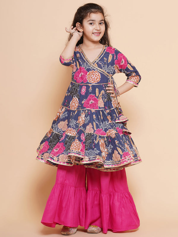 Jashvi Girls pink Floral Printed Angrakha Gotta Patti Kurta With Sharara