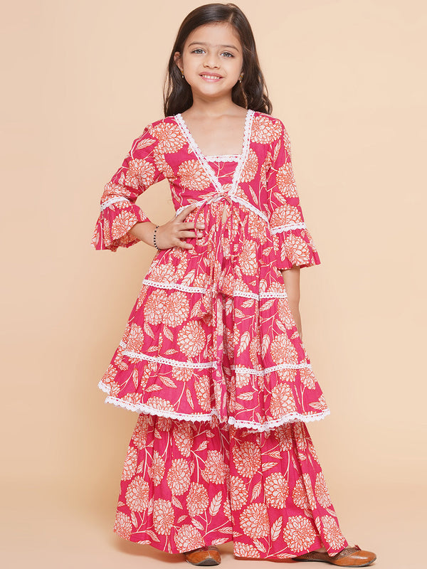 Jashvi Girls Pink Printed V- Neck  Kurta with Sharara