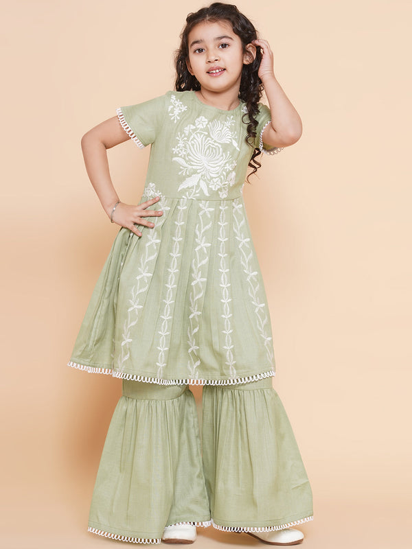 Jashvi Girls Light Green Floral Embroidered Kurta With Sharara