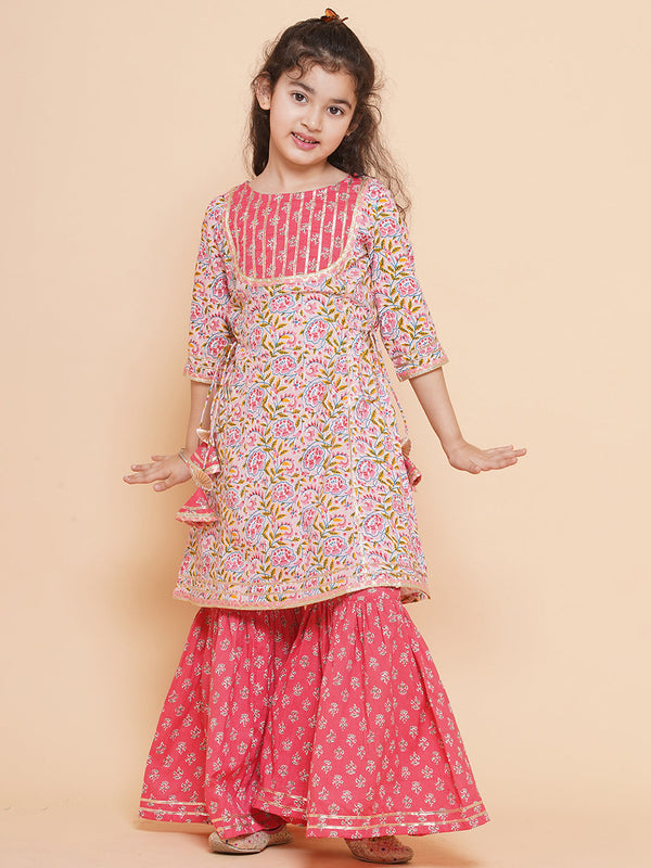 Jashvi Girls  Floral Printed Cotton Kurta with Sharara