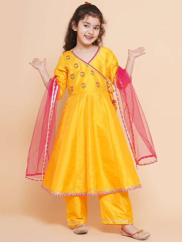 Girl's Yellow Embroidered Angrakha Kurta With Trousers & Dupatta - Bitiya By Bhama