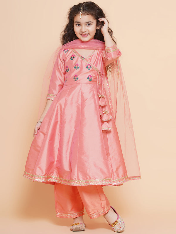 Jashvi Girls Embroidered Angrakha Kurta with Trousers & Dupatta