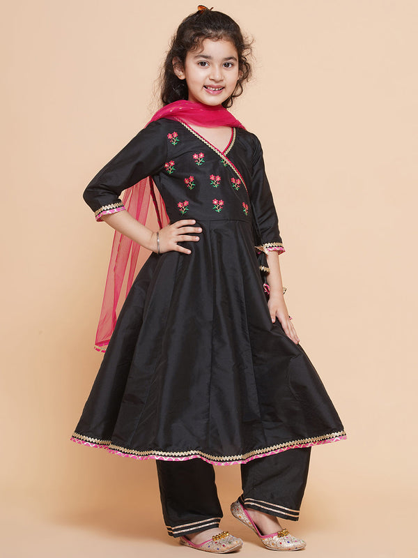 Girl's Embroidered Angrakha Kurta With Trousers & Dupatta - Bitiya By Bhama