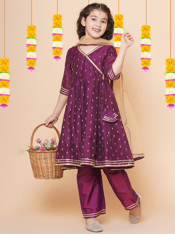 Jashvi Girls Burgundy  self design  Angrakha Gotta Patti Kurta & Trousers set  With Dupatta