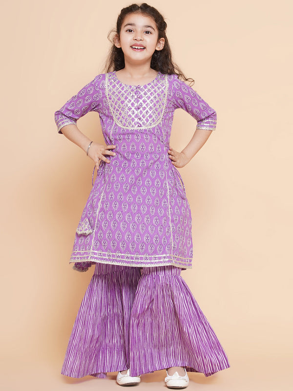 Jashvi Girls Purple Printed Cotton Kurta with Sharara