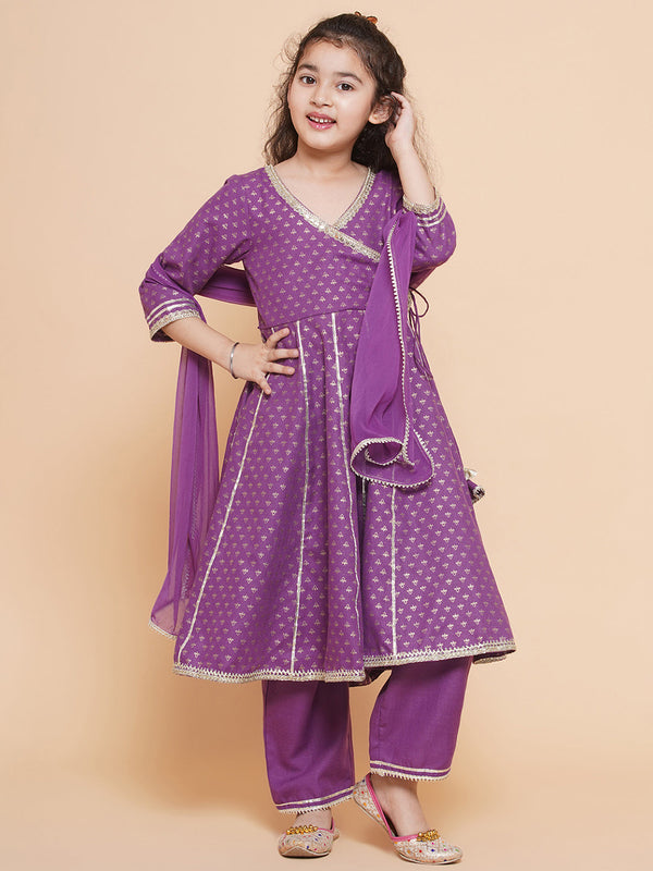 Jashvi Girls Purple Ethnic Motifs foil Printed Angrakha Kurta with Trouser  & Dupatta