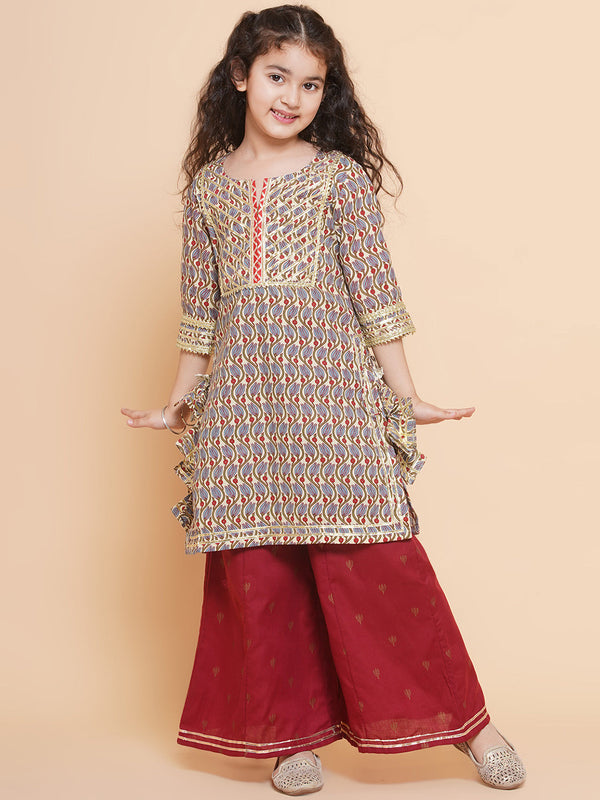 Jashvi Girls Maroon Floral Printed Cotton Kurta with Sharara