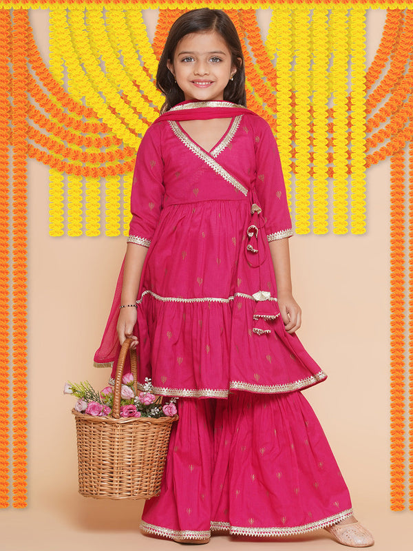 Jashvi Girls pink Ethnic Motifs Printed  Angrakha Gotta Patti Kurta With Sharara  & Dupatta