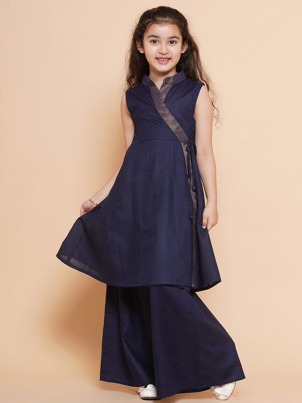 Girl's Navy Blue Angrakha Kurta With Palazzos - Bitiya By Bhama