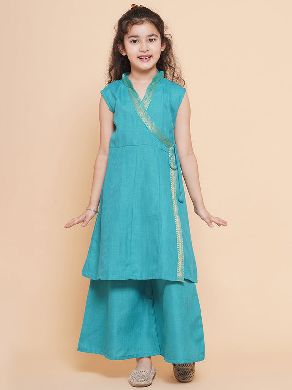 Jashvi Girls Sea  Green  Angrakha Kurta With Palazzos