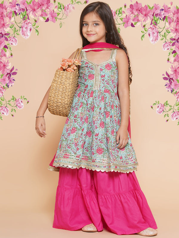 Jashvi Girls Blue  Floral Printed Cotton Kurta With Sharara with  Dupatta