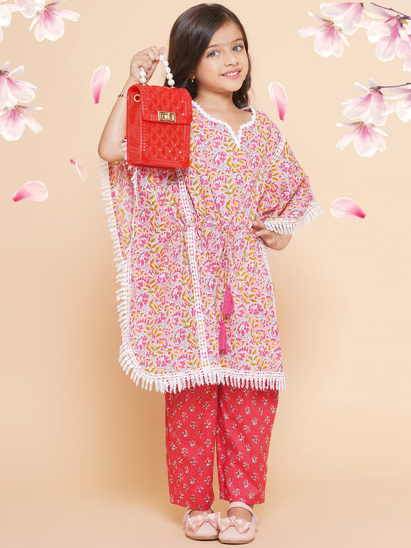 Jashvi Girls Peach  Printed V- Neck Kaftan Kurta with Palazzos