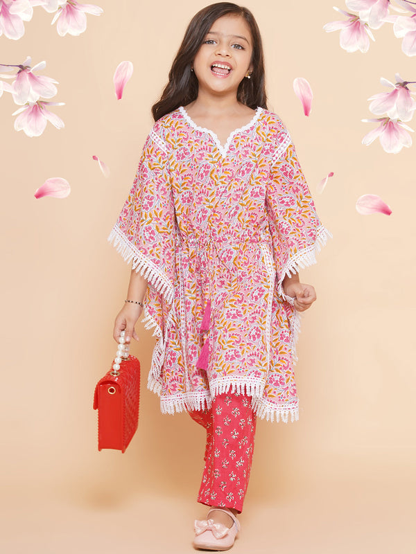 Girl's Peach  Printed V- Neck Kaftan Kurta With Palazzos - Bitiya By Bhama