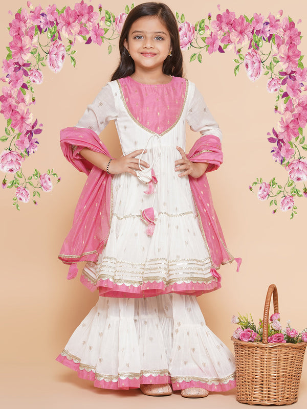 Jashvi Girls white Ethnic Motifs Printed Round-Neck Kurta Sharara set With Dupatta