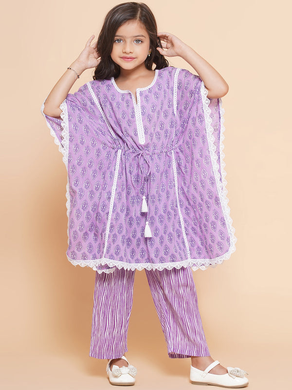 Jashvi Girls Purple Printed V- Neck Kaftan Kurta with Palazzos