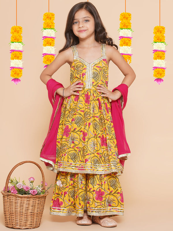 Jashvi Girls Yellow Floral Printed Cotton Kurta With Sharara with  Dupatta