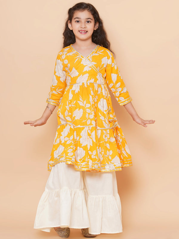 Jashvi Girls Yellow Floral Printed Angrakha Gotta Patti Kurta With Sharara