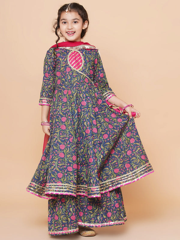 Jashvi Girls Blue Floral Printed Angrakha Gotta Patti Kurta Sharara set With Dupatta