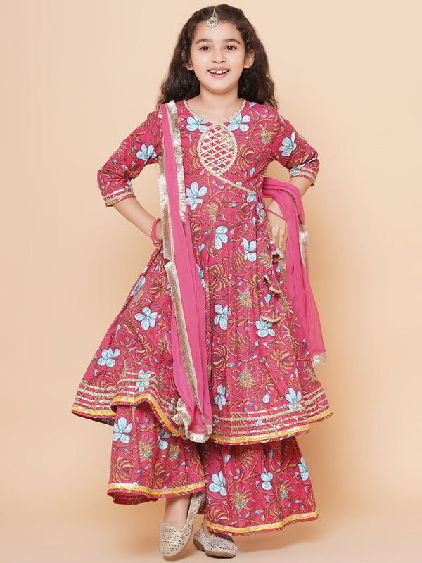 Jashvi Girls Peach Floral Printed Angrakha Gotta Patti Kurta & Sharara set With Dupatta